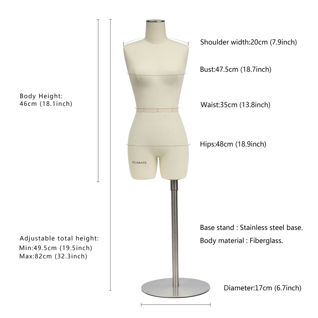 JELIMATE Half  scale Dress Form - Beige Female mini sewing mannequin (size 6-8-10-12-14-16)