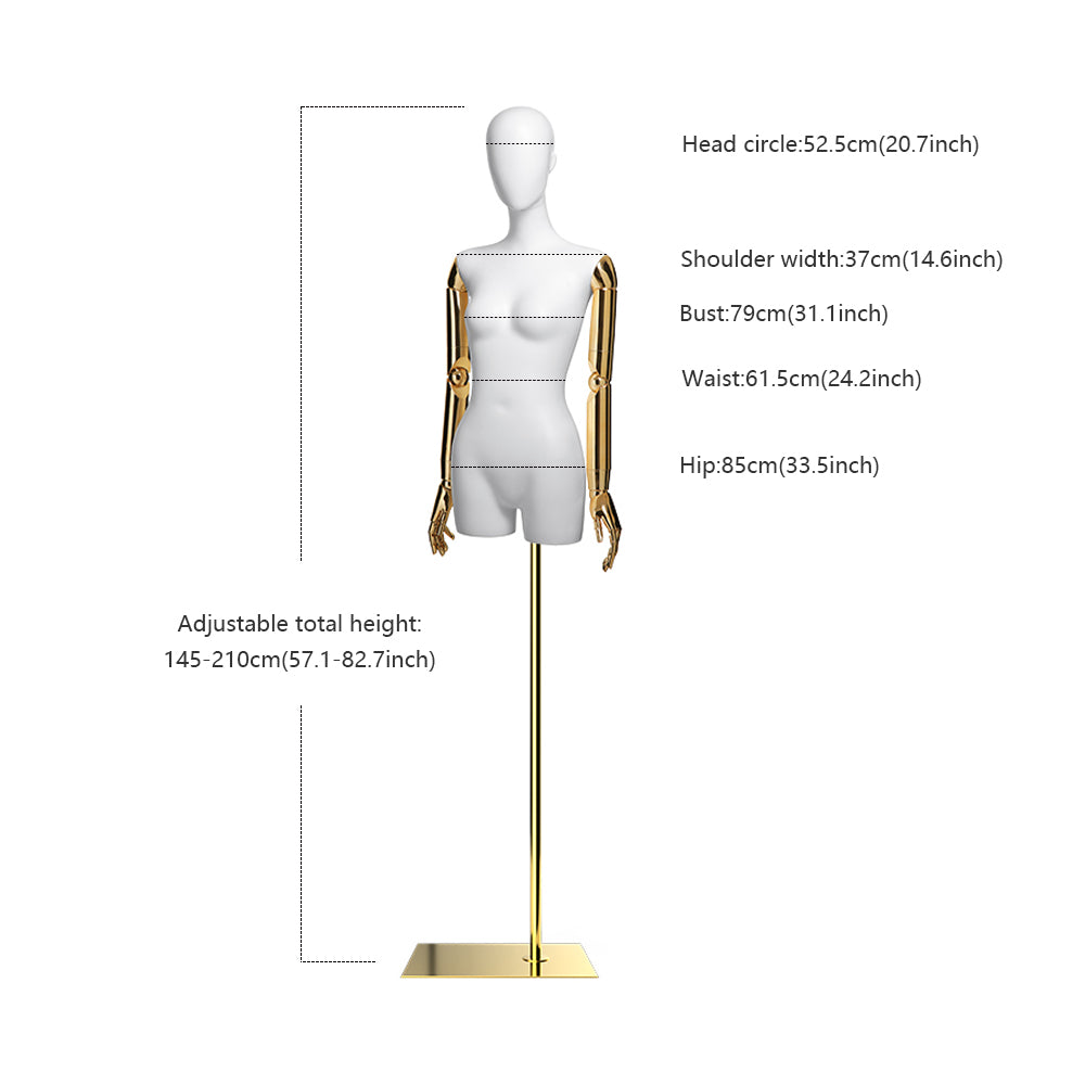 Adjustable half-body female Mannequin sizing guide and height measurements