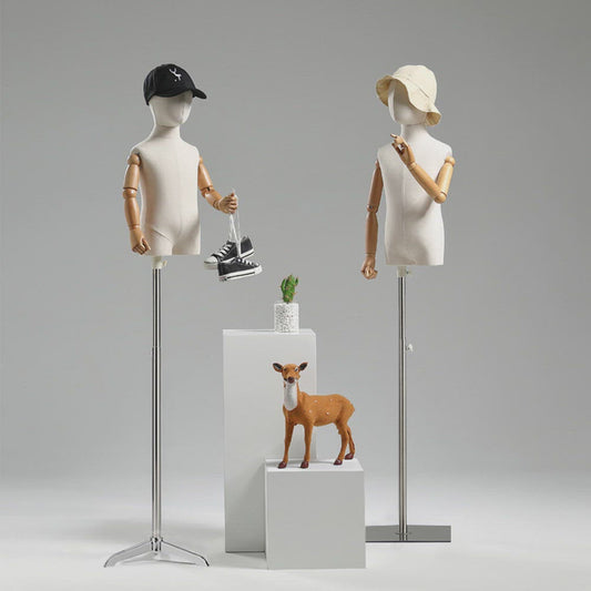 Jelimate Clothing Store Beige Kid Mannequin Torso Display,Canvas Mannequin Fabric Dress Form,Clothing Dress Form Child Model Wooden Arms Manikin Head