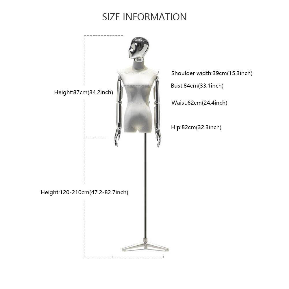 Size guide for a velvet female half body mannequin with mirrored head, articulated arms and adjustable floor stand