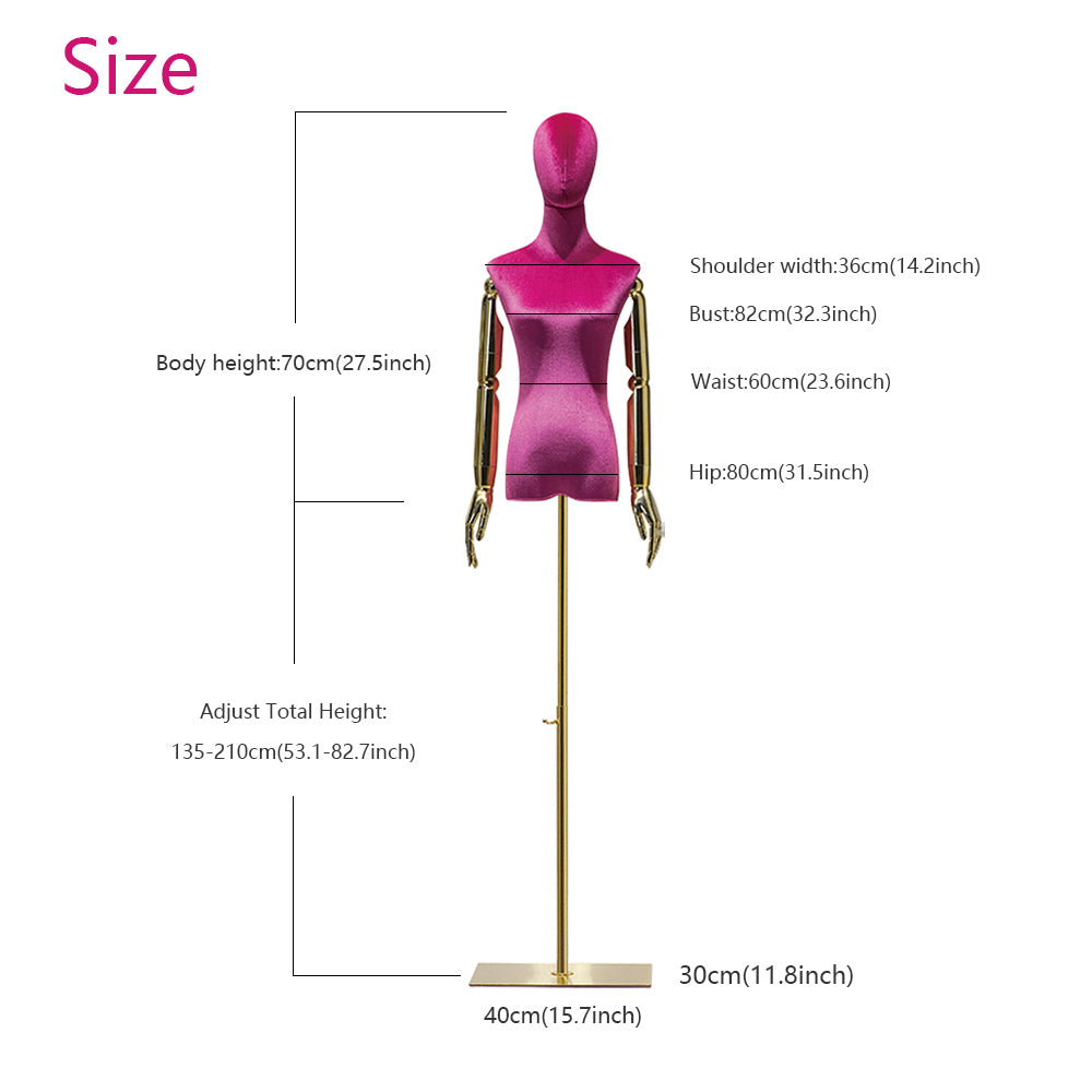 Size chart for velvet female half body mannequin with articulated arms and adjustable stand